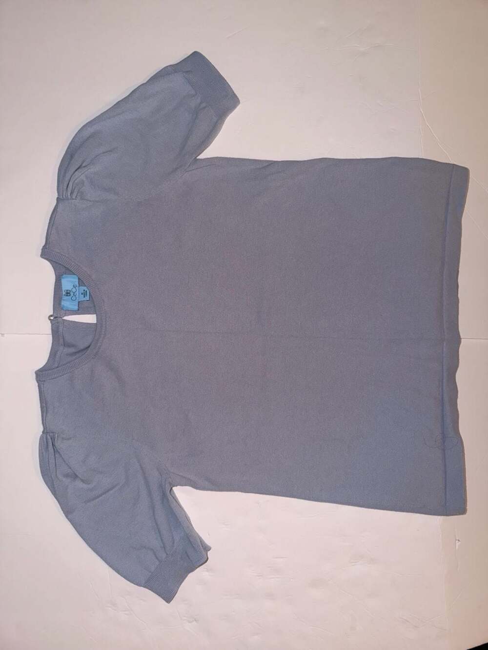 CeCe Blue Knit Top Medium Puff Short Sleeve Keyhole Back